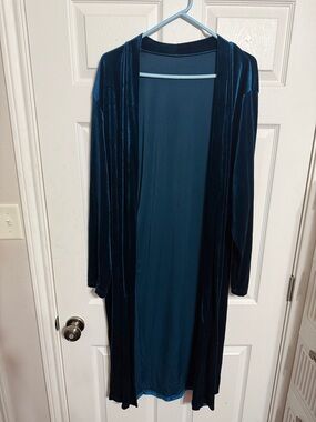 Velvet Long Open Front Duster Cardigan in Deep Teal